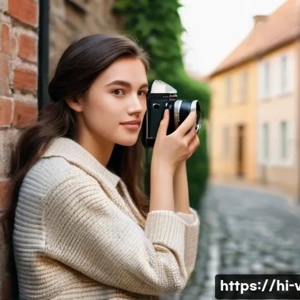 빈티지 카메라 필름 구매 팁 - A young female photographer in her early twenties, dressed in a modest, vintage-inspired outfit cons...