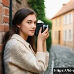 빈티지 카메라 필름 구매 팁 - A young female photographer in her early twenties, dressed in a modest, vintage-inspired outfit cons...