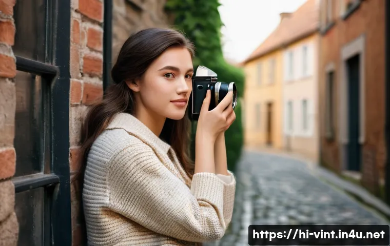 빈티지 카메라 필름 구매 팁 - A young female photographer in her early twenties, dressed in a modest, vintage-inspired outfit cons...